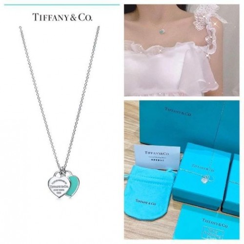 Tiffany & Co 蒂芙尼Return to Tiffany 系列Double Heart Tag雙心琺瑯純銀項鍊鎖骨鏈.